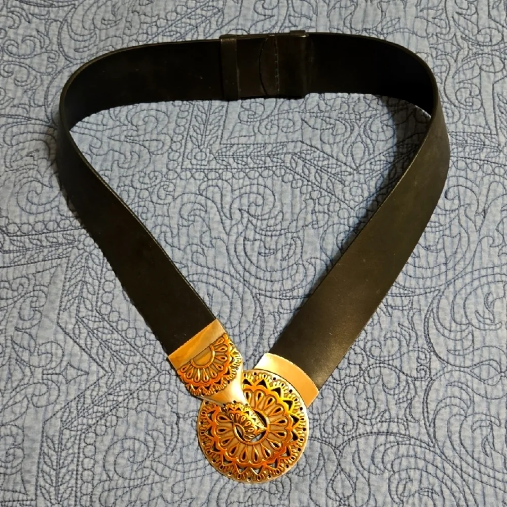 Chico's Black and Gold Belt with Ornate Design S/M